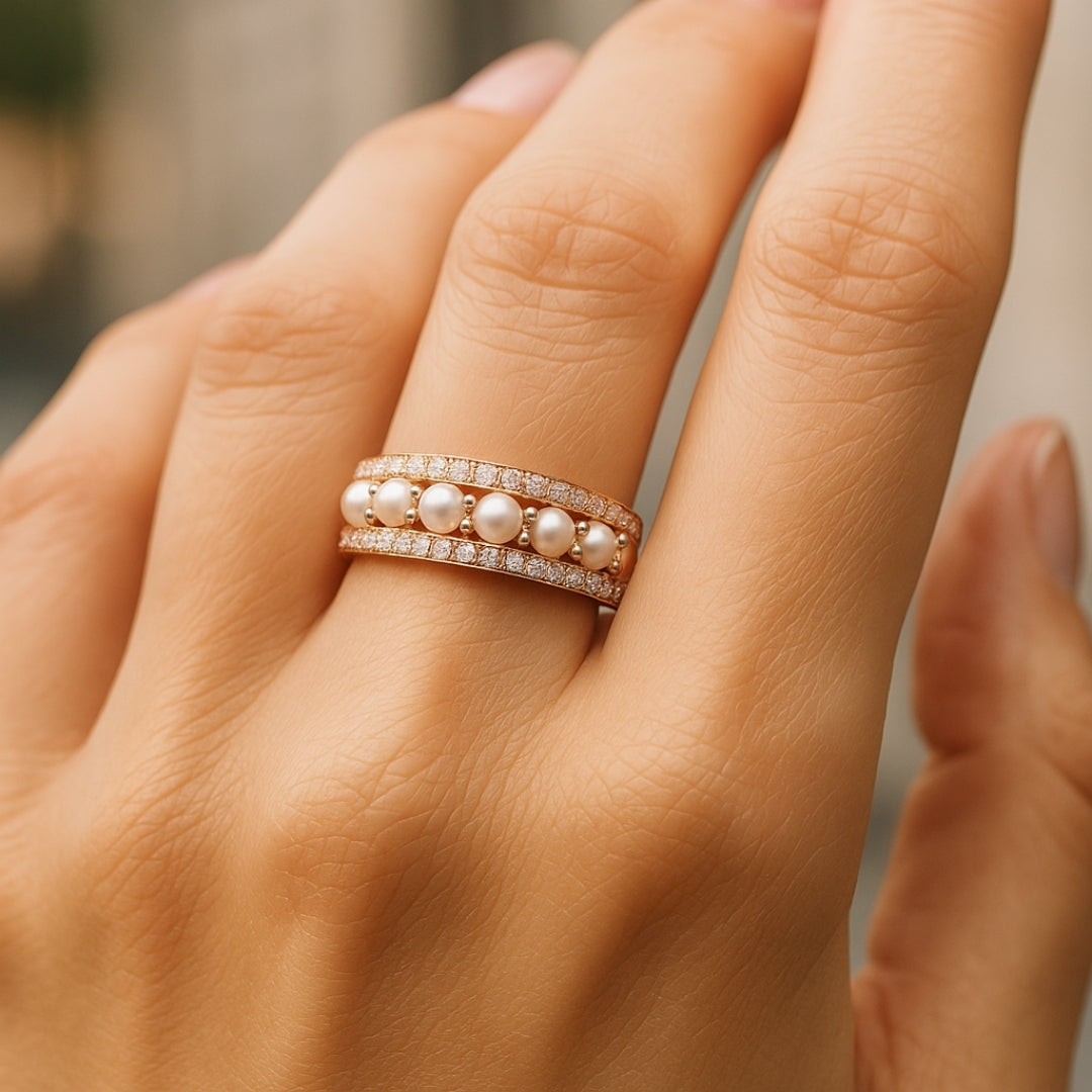ANILLO VALENTINA ROCHE DOBLE ARO CON PERLAS Y CIRCONITAS