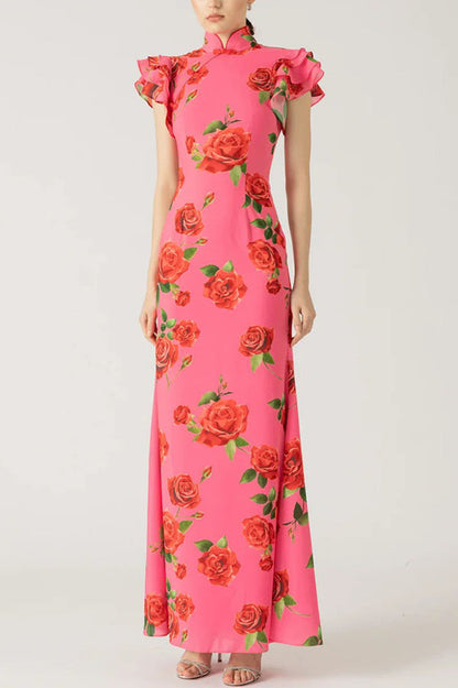 Vestido largo elástico de estilo cheongsam con estampado floral de rosas, volantes y mangas acampanadas