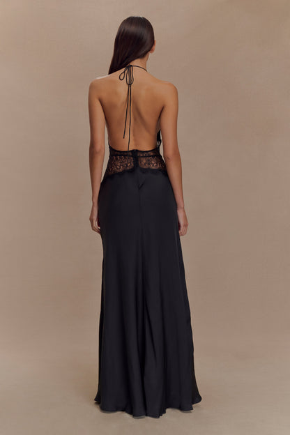 VESTIDO LARGO ELEGANTE CON ENCAJE Y ESPALDA DESCUBIERTA
