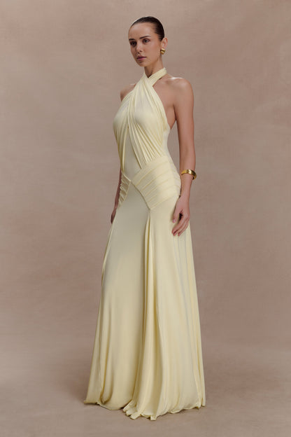Vestido largo halter fruncido Indira - Limón