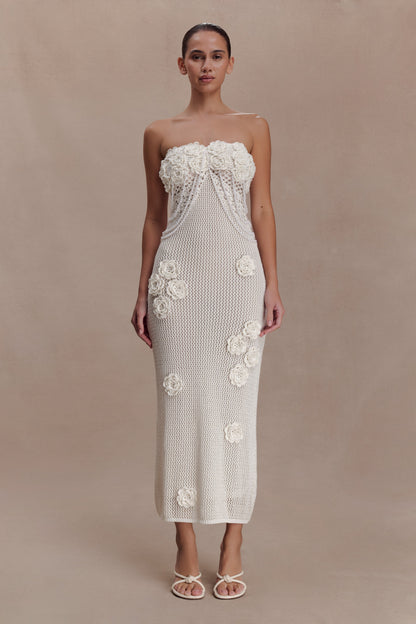 Vestido Midi de ganchillo con flores de Samantha - Marfil