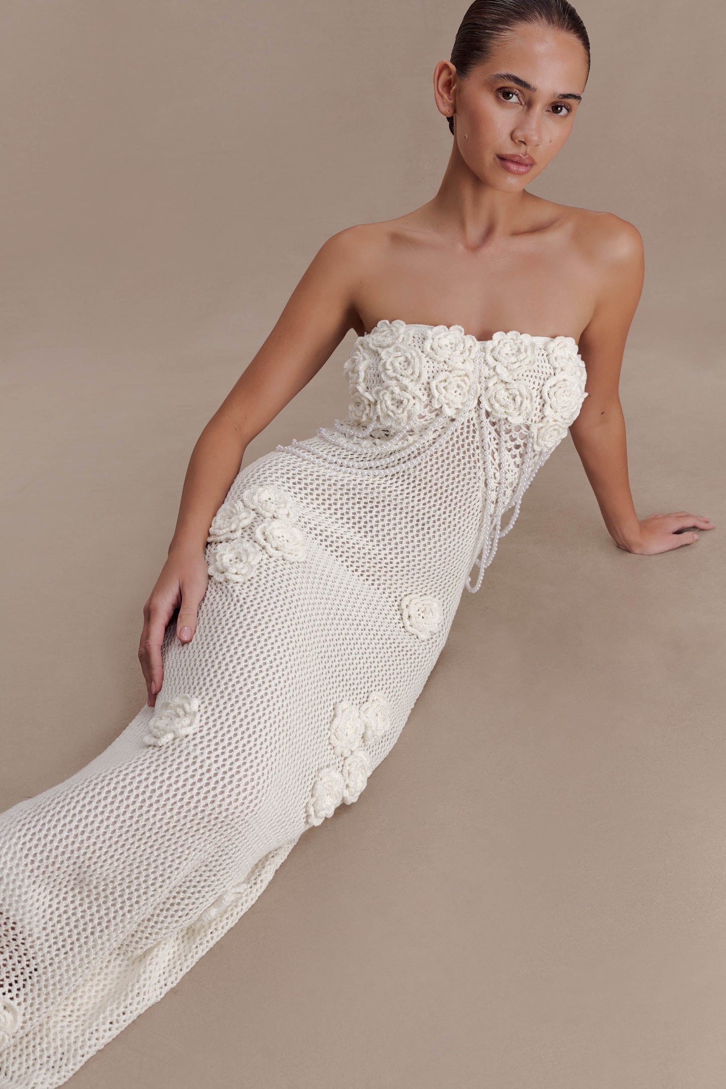Vestido Midi de ganchillo con flores de Samantha - Marfil