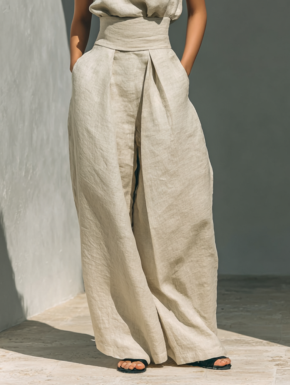 Conjunto De Blusa Sin Mangas Minimalista De Algodón y Lino y Pantalones Anchos Para Mujer MDZ0873A5Y