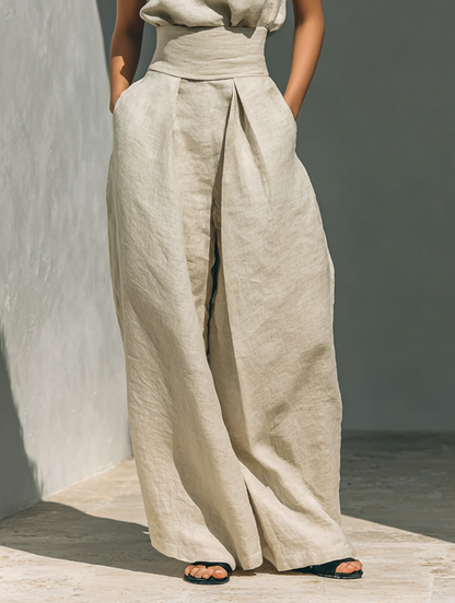 Conjunto De Blusa Sin Mangas Minimalista De Algodón y Lino y Pantalones Anchos Para Mujer MDZ0873A5Y