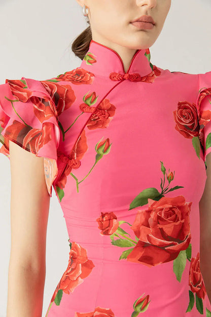 Vestido largo elástico de estilo cheongsam con estampado floral de rosas, volantes y mangas acampanadas