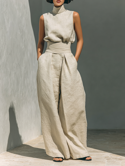 Conjunto De Blusa Sin Mangas Minimalista De Algodón y Lino y Pantalones Anchos Para Mujer MDZ0873A5Y