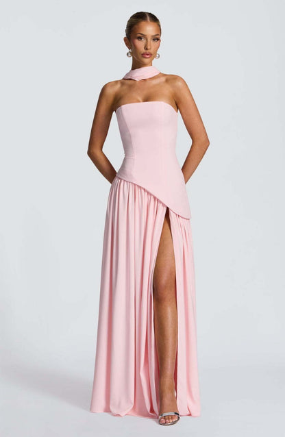 Madame – Vestido largo strapless con lazo