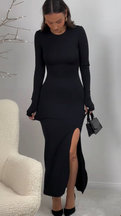 CONJUNTO NEGRO DE DOS PIEZAS ELEGANTE CON TOP Y FALDA MIDI