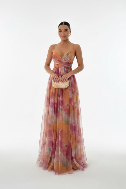 Giselle | Vestido largo con estampado floral naranja