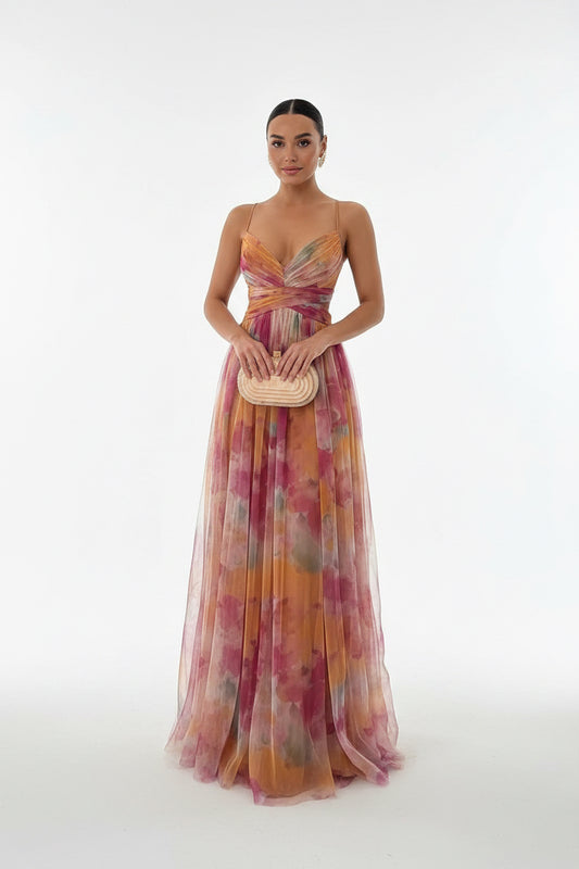 Giselle | Vestido largo con estampado floral naranja