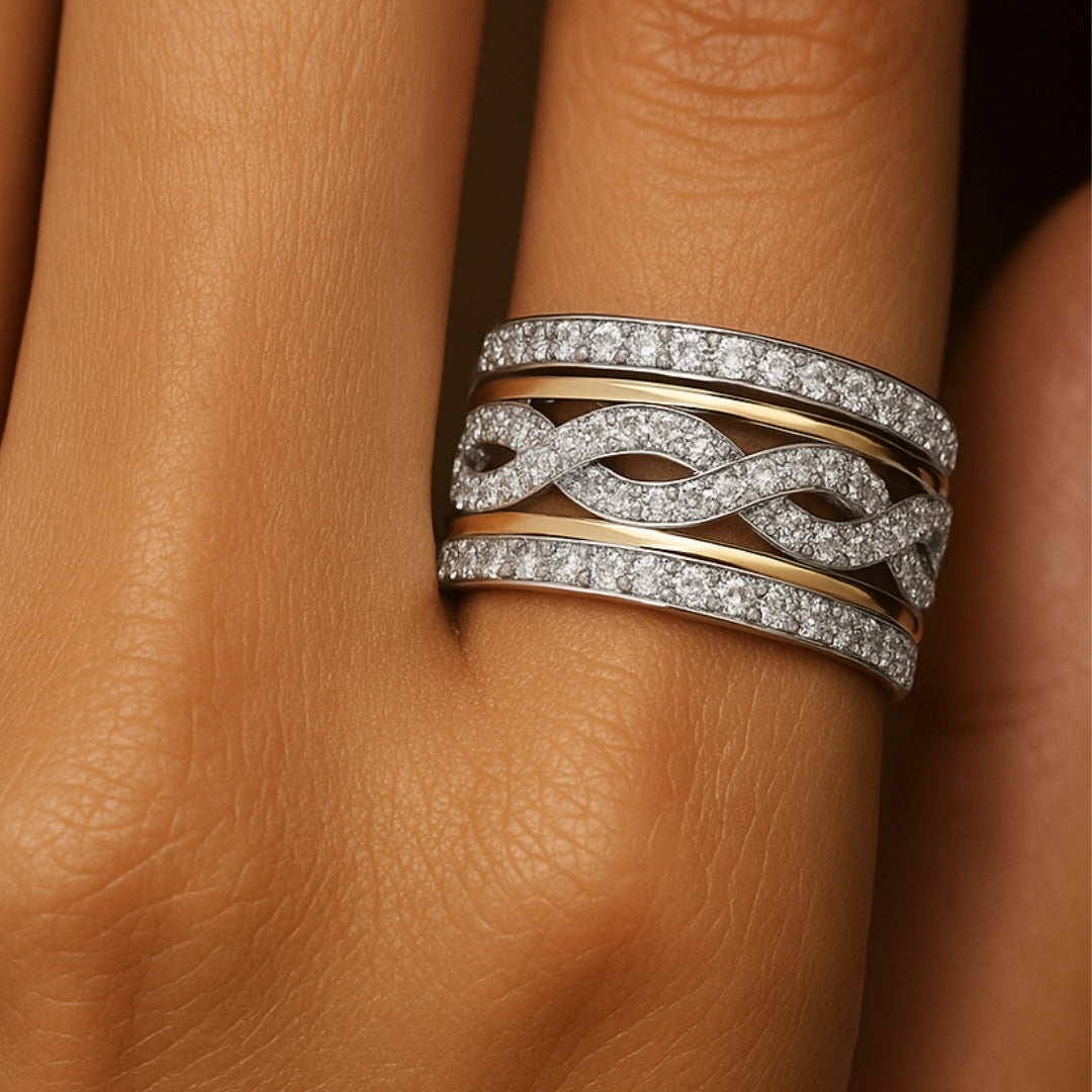 ANILLO VALENTINA ROCHE TRIPLE ARO BICOLOR ENTRELAZADO CON CIRCONITAS