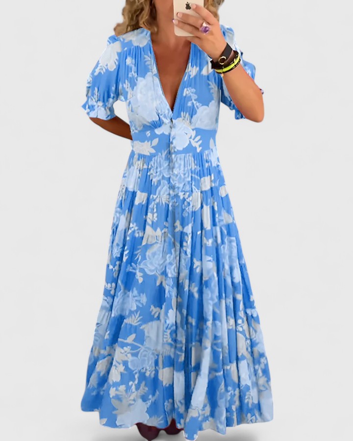 Ursula | Elegantes Kleid mit Blumenmuster und V-Ausschnitt