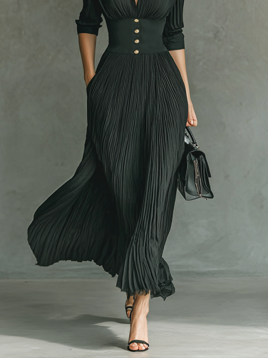 VESTIDO LARGO PLISADO ELEGANTE PARA MUJER