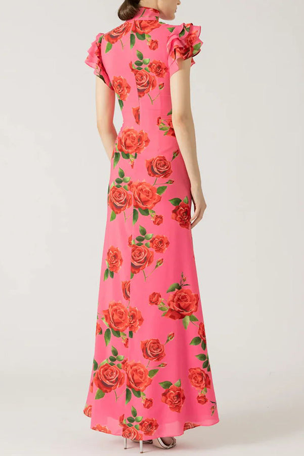 Vestido largo elástico de estilo cheongsam con estampado floral de rosas, volantes y mangas acampanadas