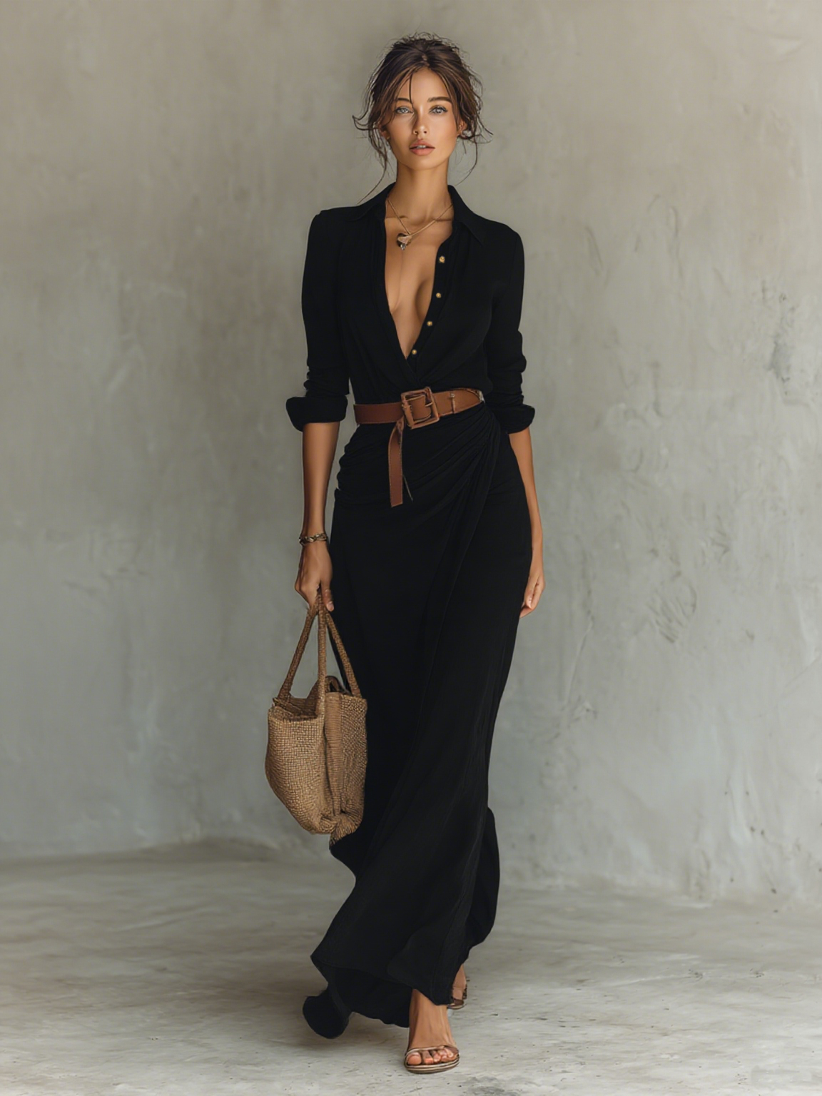 Vestido largo con cinturón, solapa, botonadura sencilla y manga larga MDA1500G4Y