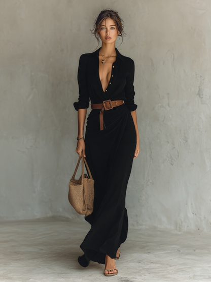 Vestido largo con cinturón, solapa, botonadura sencilla y manga larga MDA1500G4Y