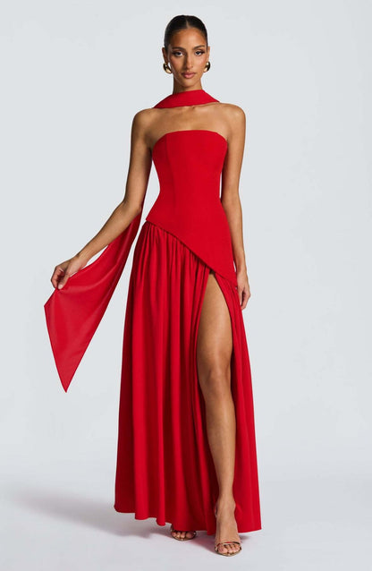Madame – Vestido largo strapless con lazo
