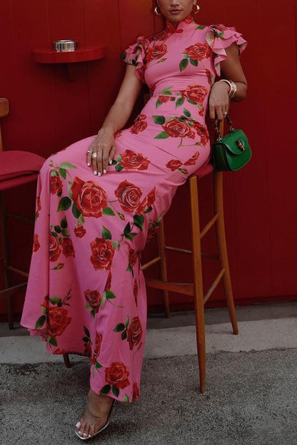 Vestido largo elástico de estilo cheongsam con estampado floral de rosas, volantes y mangas acampanadas