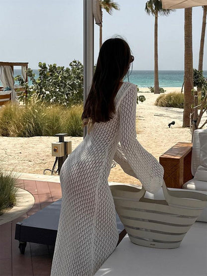 VESTIDO LARGO DE PUNTO BLANCO CON ESCOTE EN V