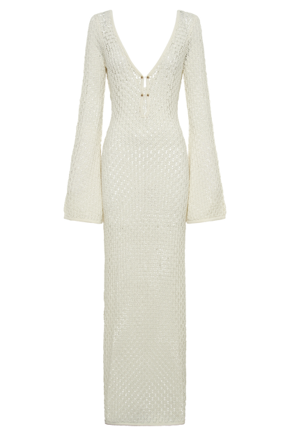 Vestido largo con mangas acampanadas y corte en forma de cola de pez de Kayleigh Crochet - Blanco