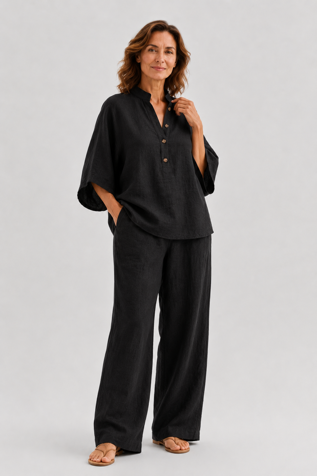 Isabel | Conjunto de lino con mangas murciélago y pantalón ancho