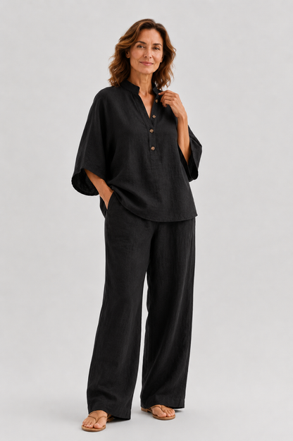 Isabel | Conjunto de lino con mangas murciélago y pantalón ancho
