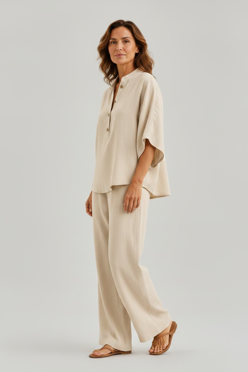 Isabel | Conjunto de lino con mangas murciélago y pantalón ancho