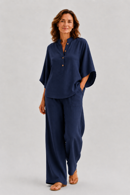 Isabel | Conjunto de lino con mangas murciélago y pantalón ancho