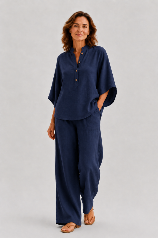 Isabel | Conjunto de lino con mangas murciélago y pantalón ancho