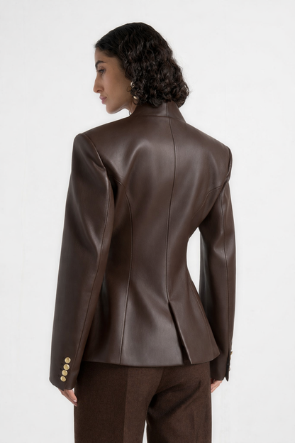 Ina - Blazer kimono de cuero con cintura ajustada - Marrón