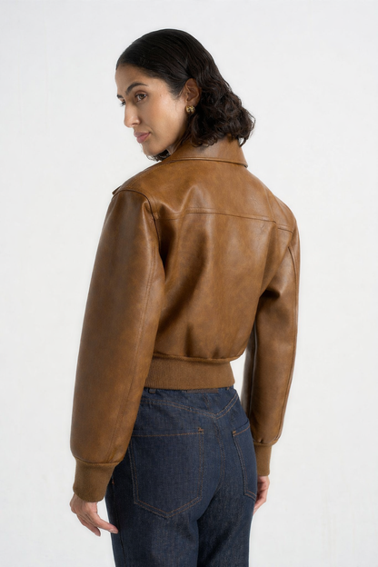 Noelia - Chaqueta bomber vintage de cuero con solapas - Marrón