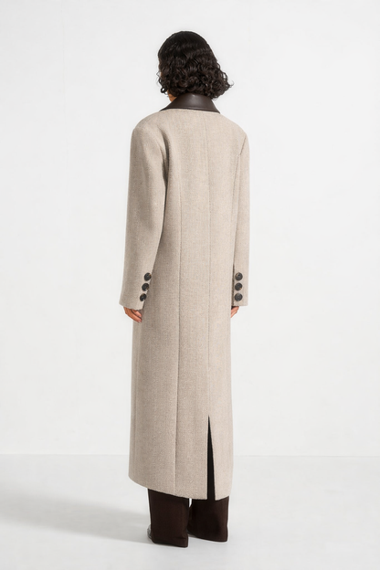 Anisa - Abrigo oversize de lana con diseño en espiga y cinturón de cuero - Beige