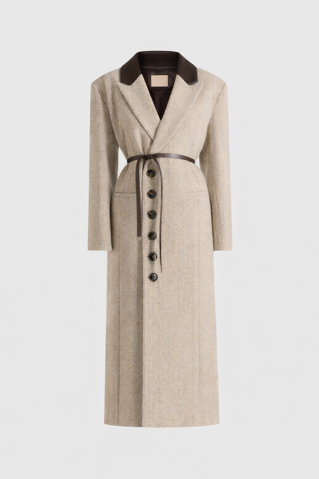Anisa - Abrigo oversize de lana con diseño en espiga y cinturón de cuero - Beige