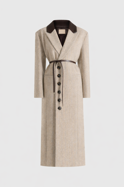 Anisa - Abrigo oversize de lana con diseño en espiga y cinturón de cuero - Beige