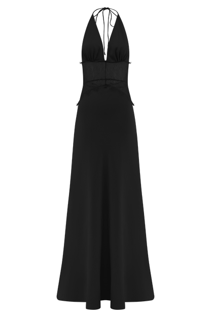 VESTIDO LARGO ELEGANTE CON ENCAJE Y ESPALDA DESCUBIERTA