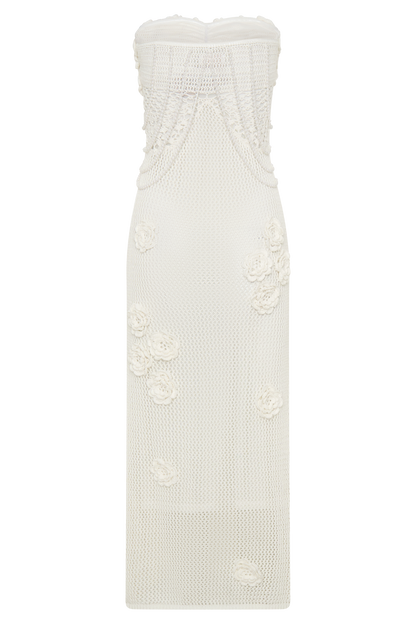 Vestido Midi de ganchillo con flores de Samantha - Marfil