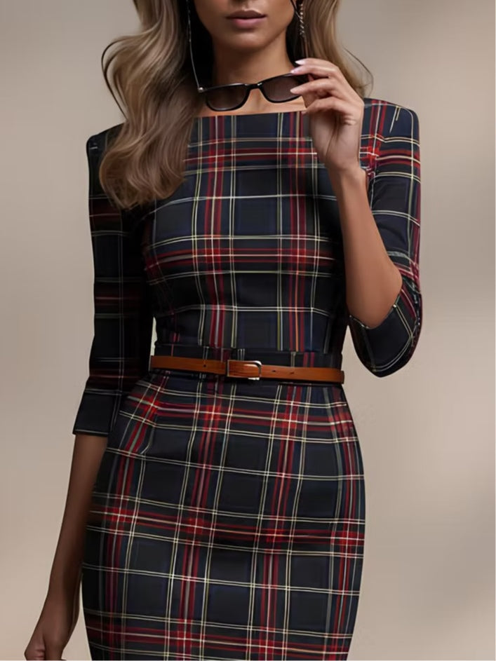 VESTIDO MIDI ENTALLADO DE CUADROS ESTILO ELEGANTE