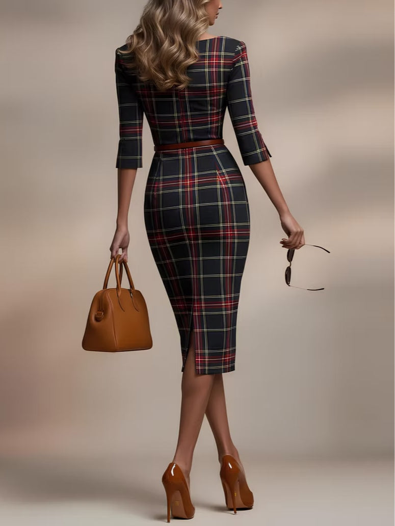 VESTIDO MIDI ENTALLADO DE CUADROS ESTILO ELEGANTE