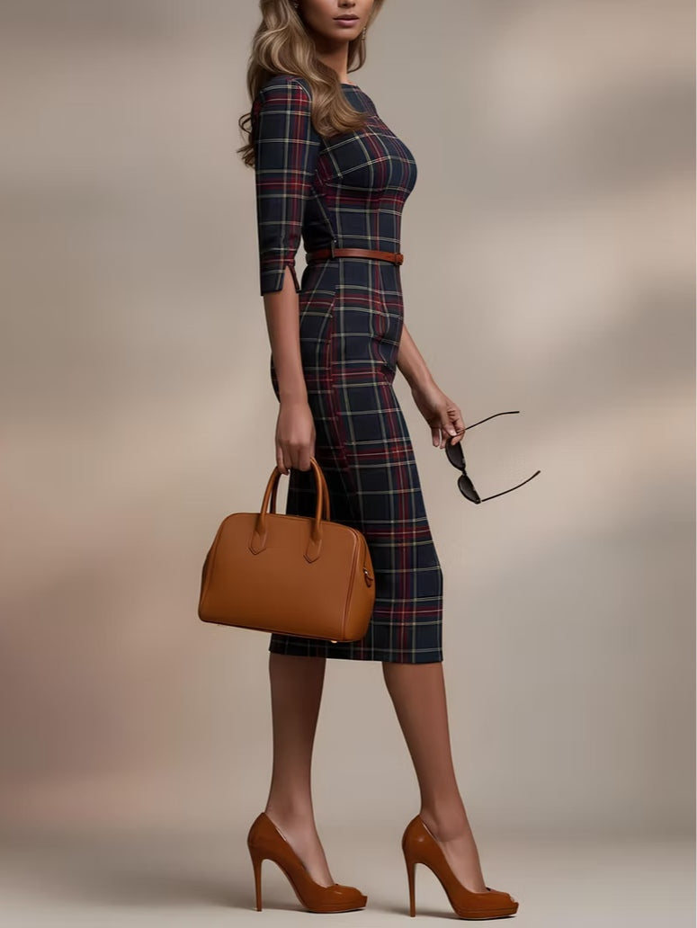 VESTIDO MIDI ENTALLADO DE CUADROS ESTILO ELEGANTE