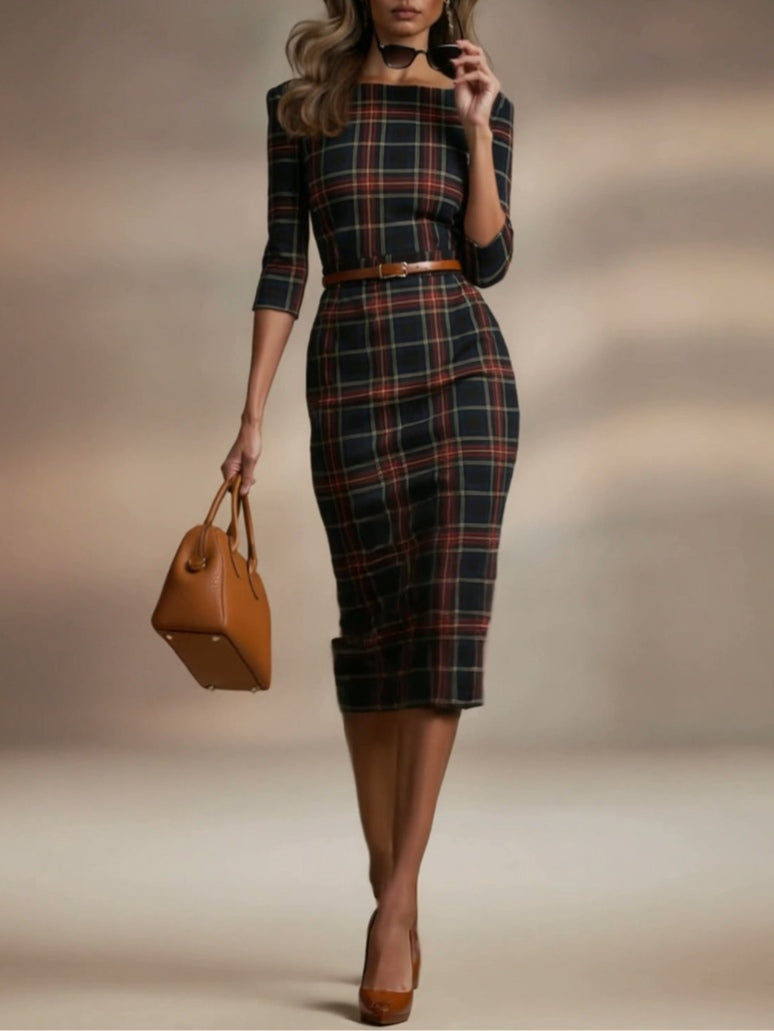 VESTIDO MIDI ENTALLADO DE CUADROS ESTILO ELEGANTE