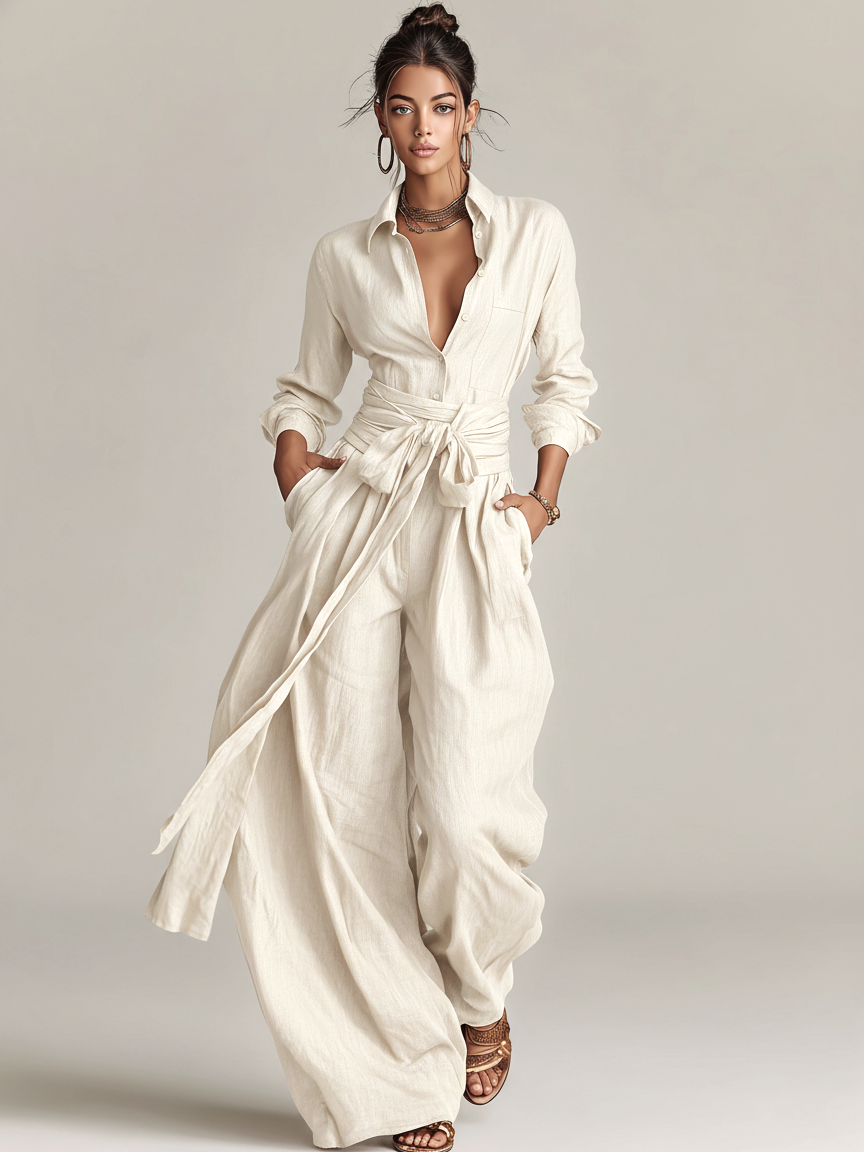 Mono elegante de mujer de manga larga con cuello de camisa, confeccionado en tejido de algodón y lino marrón, con cinturón MDA1965L9AN