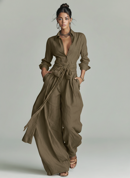 Mono elegante de mujer de manga larga con cuello de camisa, confeccionado en tejido de algodón y lino marrón, con cinturón MDA1965L9AN