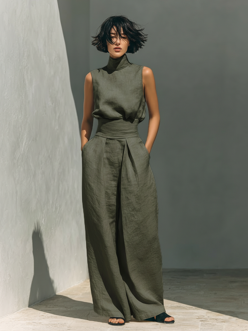 Conjunto De Blusa Sin Mangas Minimalista De Algodón y Lino y Pantalones Anchos Para Mujer MDZ0873A5Y