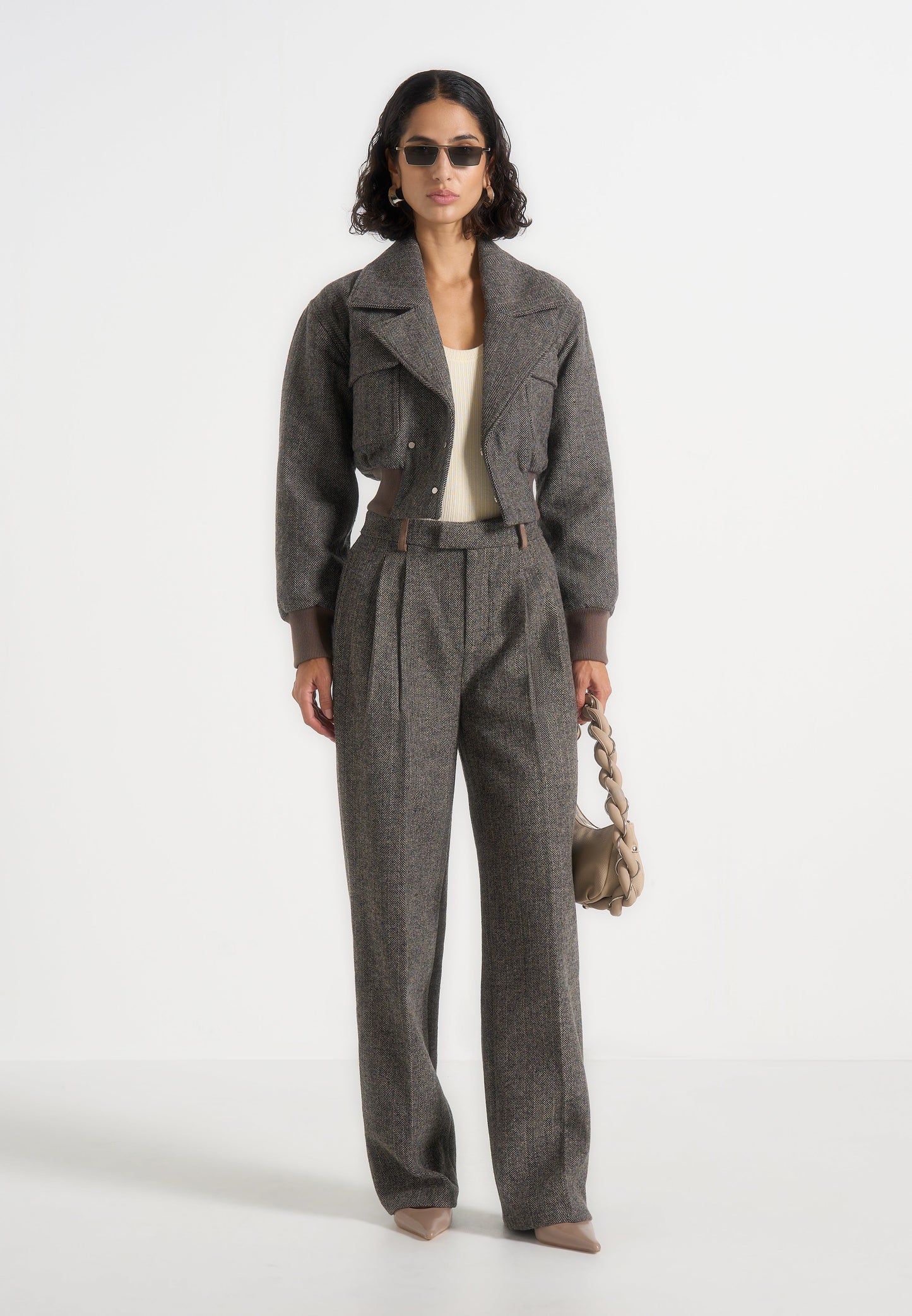 Noelia - Chaqueta bomber con solapa de lana en espiga - Gris