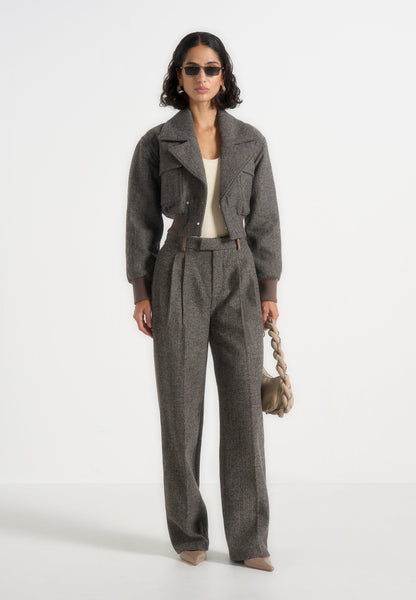 Noelia - Chaqueta bomber con solapa de lana en espiga - Gris