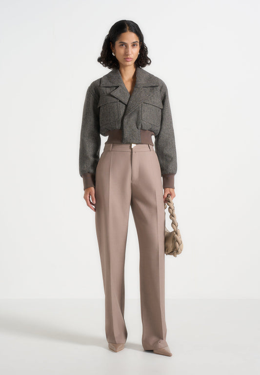Noelia - Chaqueta bomber con solapa de lana en espiga - Gris