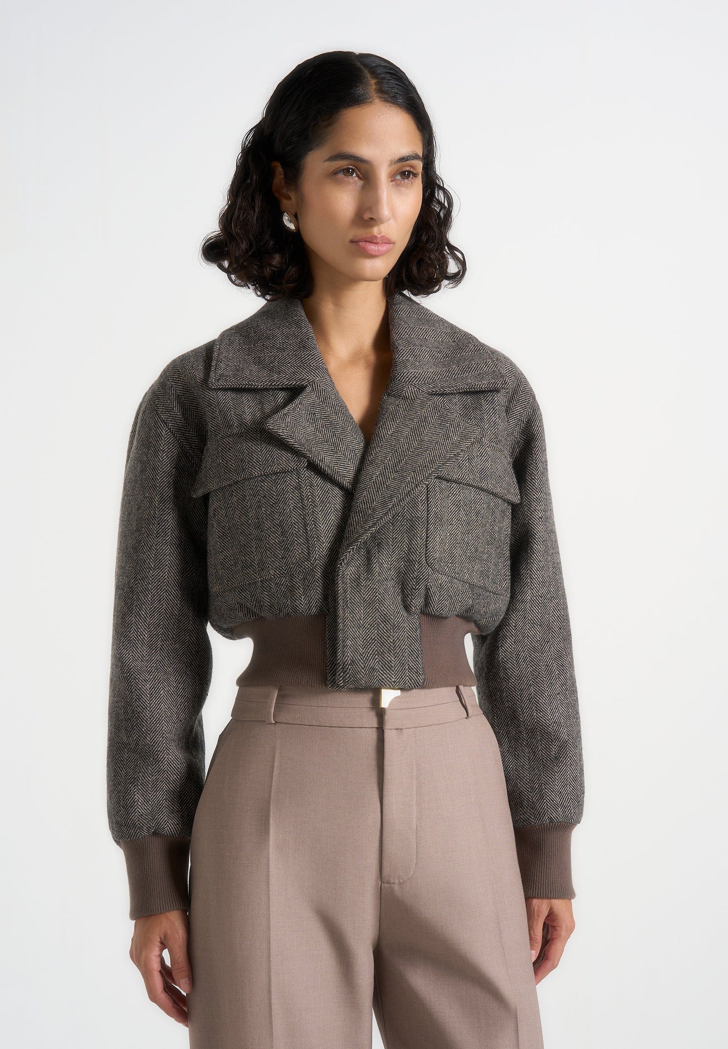 Noelia - Chaqueta bomber con solapa de lana en espiga - Gris