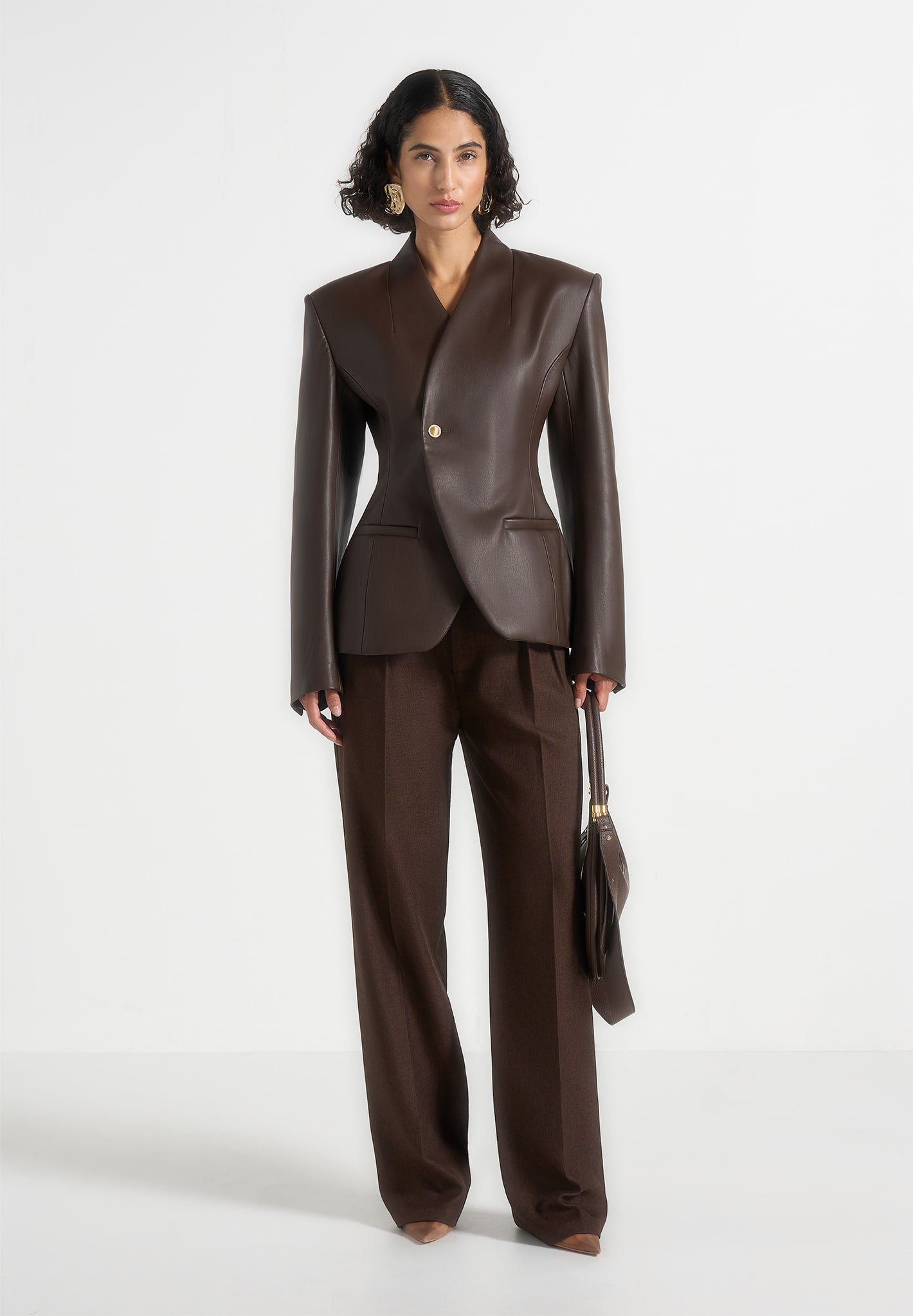 Ina - Blazer kimono de cuero con cintura ajustada - Marrón