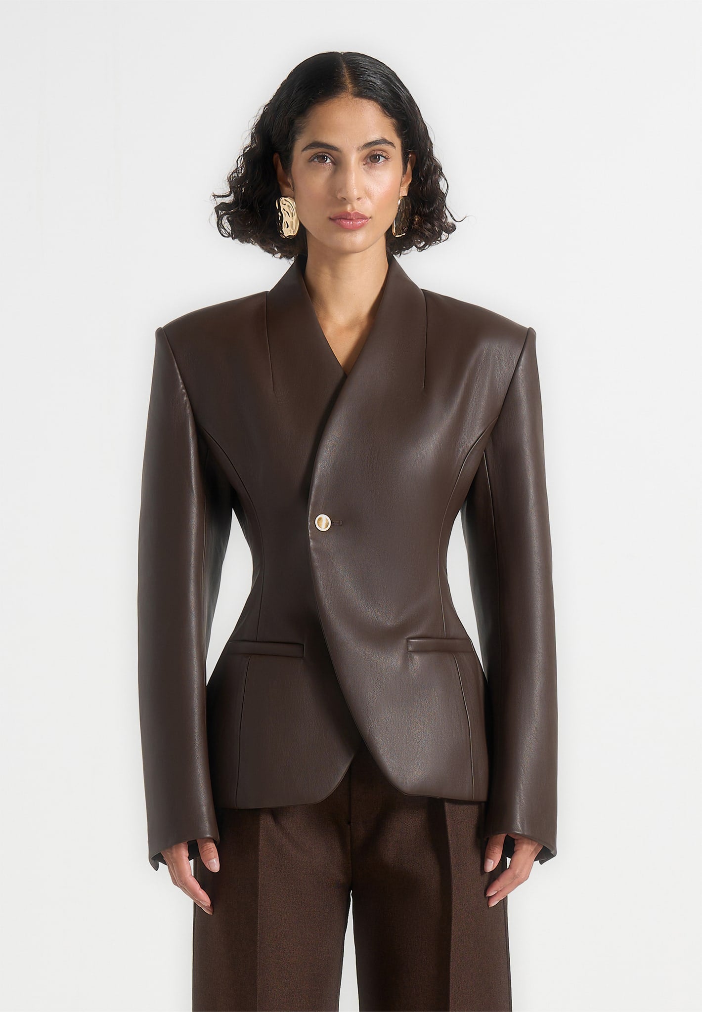 Ina - Blazer kimono de cuero con cintura ajustada - Marrón