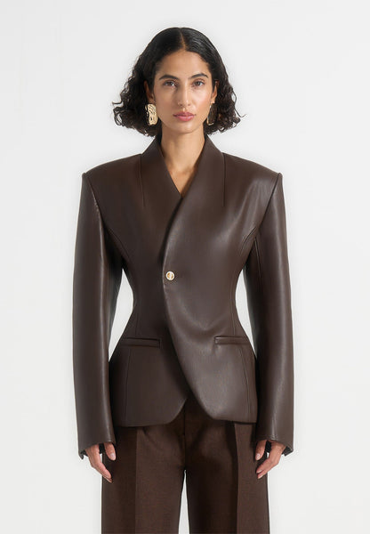 Ina - Blazer kimono de cuero con cintura ajustada - Marrón